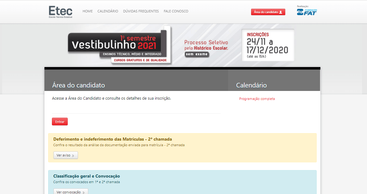 Inscrições para vestibulinho Etec